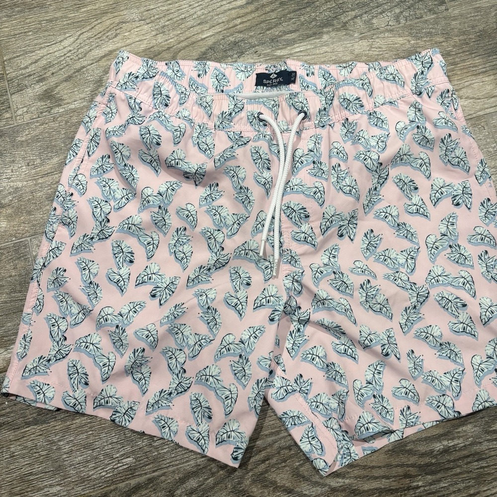 Sperry Men's Sz XL Stretch Lined Swim Trunks Shorts Pink Blue Leaves Tropical